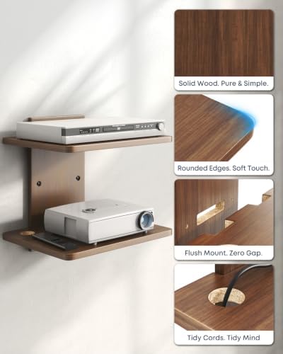 Floating TV Projector Shelf Wall Mount - 2 Tier Wooden Shelf, Walnut Brown - Image 3