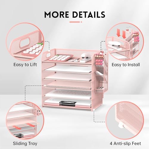 Supeasy 6 Tier Desk Organizer with 4 Pen Holders & Mesh Paper Trays Pink - Image 3