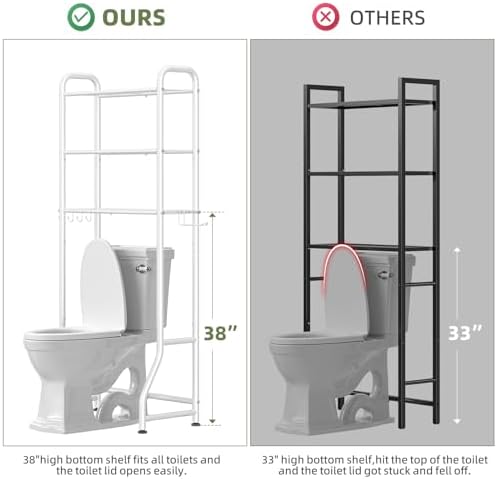 Simple Trending Over The Toilet Storage Rack, Metal 3 Tier Bathroom Organizer Shelf with Paper Holder and 3 Hooks, Freestanding Shelf Space Saver Above Toilet, White - Image 2