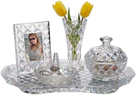 Godinger Crystal Glass Vanity Set of 5, Display Tray, Ring Holder, Vase, Picture Frame, Storage Box with Lid, Shannon Collection by Godinger