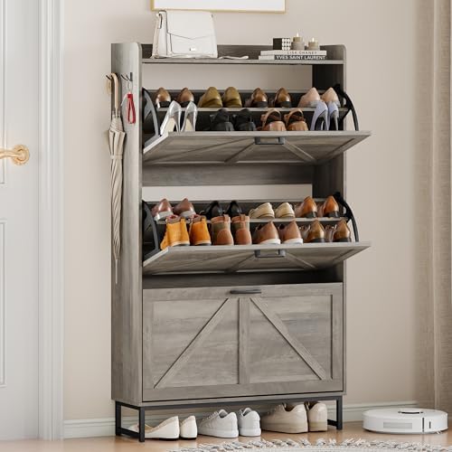 Wodeer Shoe Cabinet Storage for Entryway, Shoe Storage Cabinet with 4 Flip Drawers, Freestanding Narrow Shoe Rack Organizer with Metal Legs, Adjustable Shelves & Open Storage for Foyer, Hallway, White by WODEER