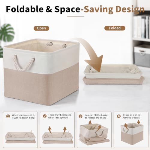 13×15×13 Inch 6 Pack Foldable Fabric Storage Basket with Handles,Extra Large Storage Basket,Decorative Storage Basket for Organizing Clothes, Toys, Books(White&Beige) - Image 4