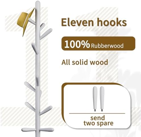 Solid Wood Coat Rack, Freestanding Tree-Shaped Coat Rack with 11 Hooks, Main Pole 1.6" dia for Clothes, Hat Stand Used in Bedroom/Office/Entryway (3-Leg Base, White) - Image 2
