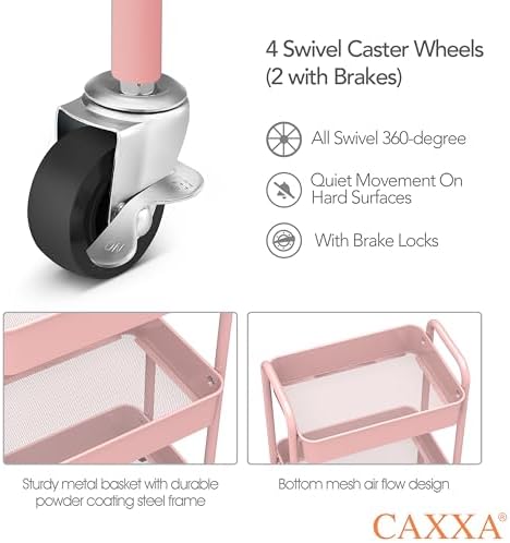 CAXXA 3-Tier Rolling Metal Storage Organizer - Mobile Utility Cart with Caster Wheels, Pink - Image 3