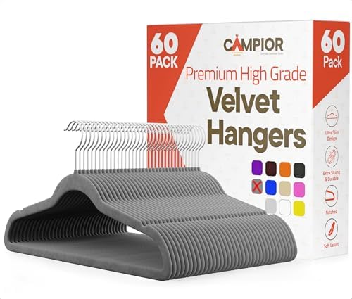 Gray Velvet Hangers 60 Pack – 360° Swivel Hook, Non-Slip and Space Saving Hangers, Heavy-Duty 11 lbs Weight Capacity - Smooth Velvet Finish for Crease-Free Clothes and Effortless Closet Organization by Campior