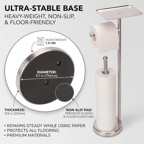 Toilet Paper Holder with Shelf, Freestanding Toilet Paper Stand with Storage Space for Holding Extra 4 Toilet Paper Rolls On the Base, Stainless Steel in Brushed Nickel Finish - Image 6