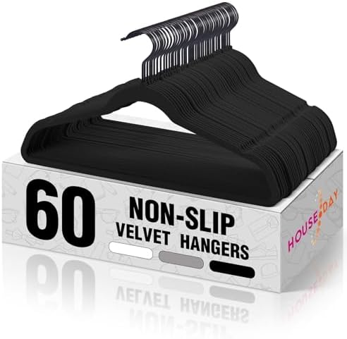 HOUSE DAY Black Velvet Hangers 60 Pack, Non Slip Felt Hanger, Slim Velvet Clothes Hangers for Suits, Shirt, Heavy Duty Coat Hanger for Closet by HOUSEDAY