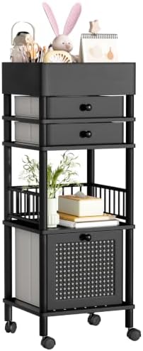 Amazer Bamboo Makeup Organizer Cart with 3 Drawers, Floor Skin Care Storage for Bathroom Bedroom, Rolling Vanity Organizer Cart for Cosmetic, Nail Polish, Perfume and Hair Tools, Black by Amazer