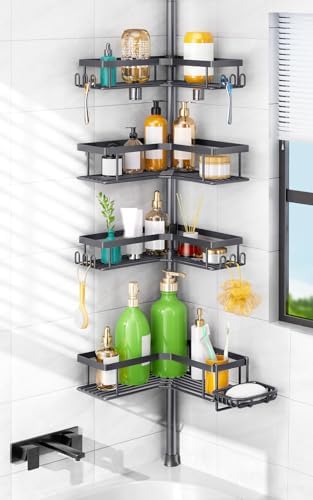 HAMITOR Shower Caddy Tension Pole: 4-Tier Corner Bathroom Organizer with Soap Holder - No-Drill Adjustable Storage Rack - 47-123 Inch Rustproof Space Saving Gray by HAMITOR