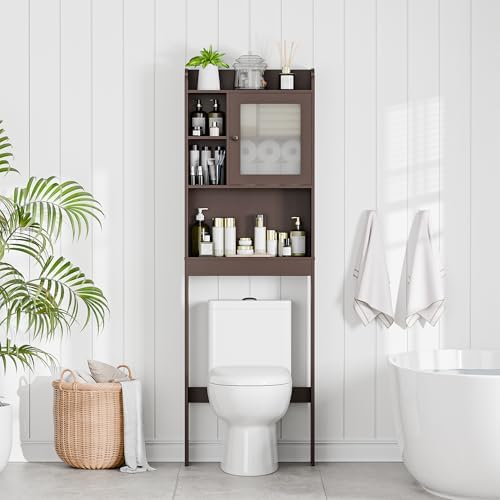 SUPER DEAL Over The Toilet Bathroom Storage Cabinet Freestanding Wooden Bathroom Organizer with Adjustable Shelves and Glass Door, Brown - Image 7