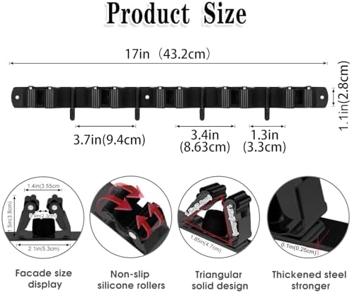 2 Pack Black Broom Holder Wall Mount, 5 Racks 4 Hooks Mop and Broom Holder - Image 3