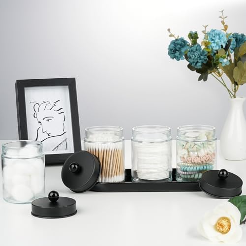 SheeChung 3Pcs Glass Apothecary Jars with Acrylic Vanity Tray & 3 Pack Mason Jar Qtip Holder for Cotton Swabs, Balls, Floss Pick, Bathroom Accessories Set - Image 6