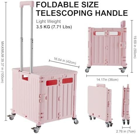 MACOPRO Folding Utility Cart Portable Rolling Crate Handcart Shopping Trolley Collapsible Tool Box, with Lid, Basket on 4 Rotate Wheels, for Grocery, Shopping, Office, Teacher (Pink) - Image 4