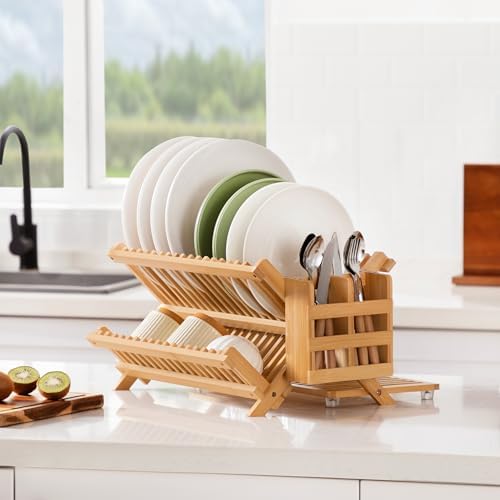 Bamboo 3 Tier Dish Drying Rack with Utensil Holder - Image 6