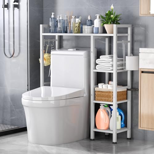 Over The Toilet Storage with Side Rack, 4-Tier Over Toilet Storage Rack with Thick Wood Top Shelf & 3 Small Side Shelves, Freestanding Bathroom Organizer for Bathroom, Laundry, Balcony (White) by Unknown