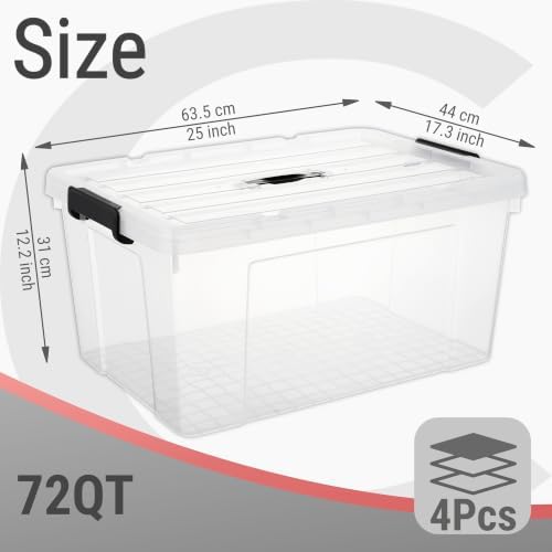 Cetomo Plastic Storage Bins with Handle, Storage Bin with Lids, Organizing Container, PP Box for Home Office, Clear, 72 Quart (Pack of 4) - Image 2