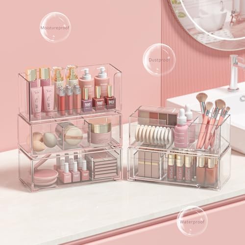 Stackable Storage Drawers Clear Plastic Storage Bins Bathroom Drawer Organizer Medicine Cabinet Organizer Makeup Organizers w Removable Divider Home Workspace Office Desktop Vanity Gift Idea 4Pack - Image 6