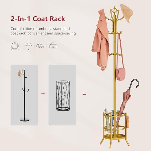Tajsoon Coat Rack with Umbrella Holder, Coat Tree With 16 Hooks, Gold - Image 4