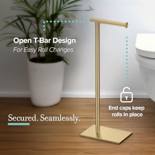 Gatco 1431B Freestanding Toilet Paper Holder Stand, Modern Bathroom Toilet Tissue Holder with Weighted Rectangle Base, Brushed Brass Finish, 22.25 Inch - Image 2