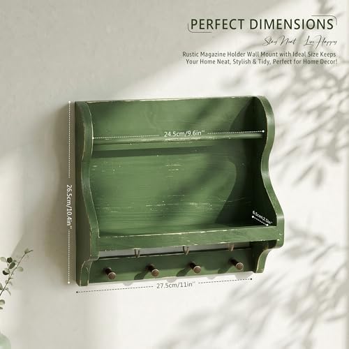 Pine Wood Mail Organizer Wall Mount with 7 Key Hooks for Room Decor, Green - Image 2