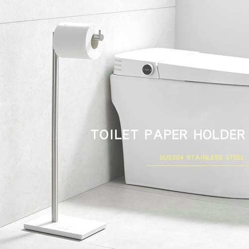 304 Stainless Steel Freestanding Toilet Paper Holder with Marble Base - Multi-Roll Capacity, No-Drill Installation, Bathroom Organizer for Compact Spaces (Brushed/White Marble) by Unknown