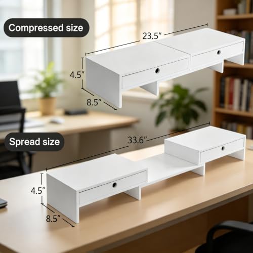 LAPTAIN Monitor Stand Riser, Adjustable Monitor Stand, 2 Drawers, White - Image 2