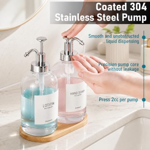 Kitchen Soap Dispenser Set of 2, 16.9 oz Glass, Silver Stainless Steel Pump - Image 4