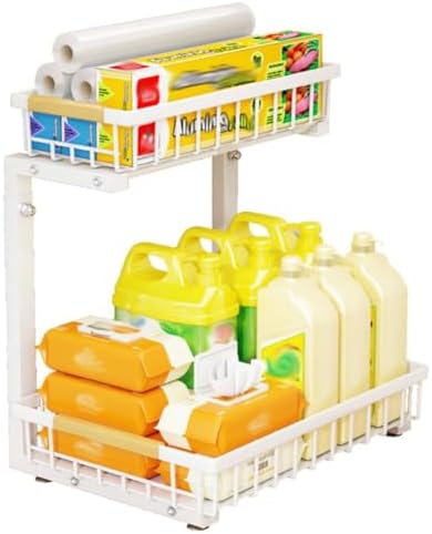GarveeLife Under Sink Organizer - L-Shape Pull-Out 2-Tier Carbon Steel Storage Organizer with Suction Cups - Space-Saving Cabinet Rack for Kitchen & Bathroom - Easy Access Sliding Design - White - Image 6