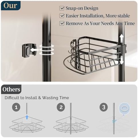 Consumest Corner Shower Caddy Tension Pole - Rustproof Shower Shelves with Towel Bar & Soap Holder, Adjustable Bath Organizer for Bathroom Storage, 27.6-108.3 inch, Black - Image 3