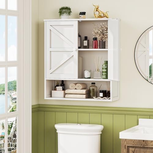 Bathroom Wall Cabinet, White 25.9" x 23.6" Over The Toilet Storage Cabinet, Bamboo Wall Mounted Bathroom Cabinet with Adjustable Shelves for Kitchen & Laundry Room (White) - Image 6