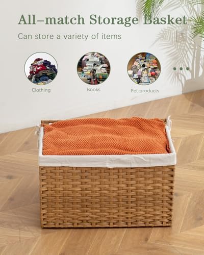 SETVSON Storage Basket with Lid Rattan Woven Storage Baskets with 2 Separate Lids, 17.2 Gallon (65 L), 22 x 13 x 13.8 Inches,Foldable, 2 Removable Liner Bags Handles for Bedroom, Laundry Room Natural - Image 6