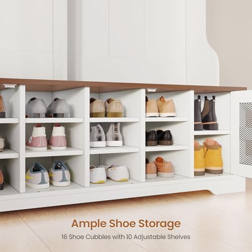 Itaar Hall Tree with Bench and Shoe Storage, 5-in-1 Entryway Bench with Coat Rack, 16 Shoe Cubbies & 12 Coat Hooks, Barn Door & Adjustable Shelf (White) - Image 5