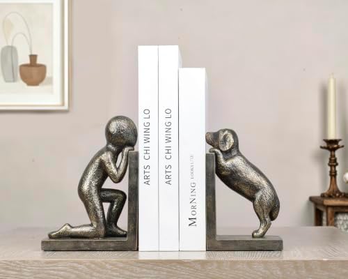 Decorative Bookends for Shelves, Human & Dog Antique Bronze Resin Book Ends - Image 2