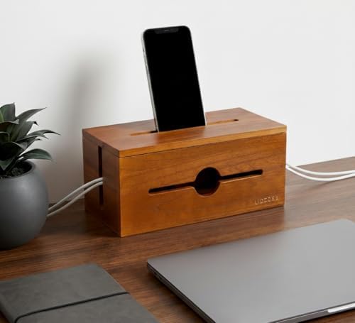 Wooden Cable Management Box for Power Strips, Desk Cord Organizer for Home Office & TV Stand, Hidden Cable Storage with Phone Stand - Image 4