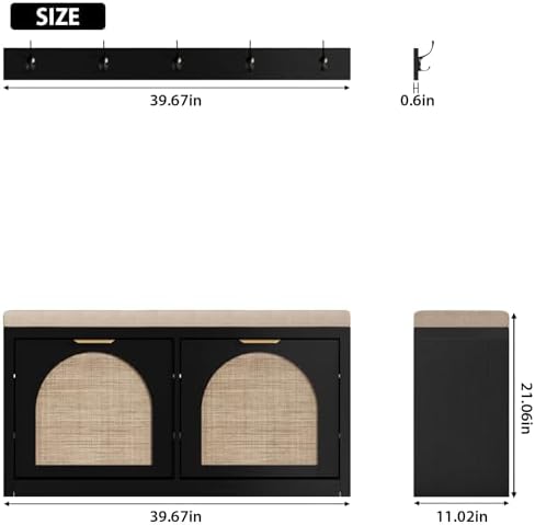 Rattan Narrow Entryway Bench with Shoe Storage, 2 Flip Drawers & Coat Rack, Mid-Century Modern Wood Shoe Cabinet with Seat Cushion for Foyer/Hallway (Black) - Image 2