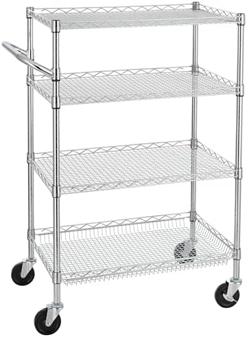 Finnhomy 4 Tier Heavy Duty Commercial Grade Rolling Cart with Handle Bar, Metal Wire Utility Cart with Wheels, Service Trolley on Wheels, Shelf Size 18" D x 30" W, NSF Listed, Chrome by Finnhomy