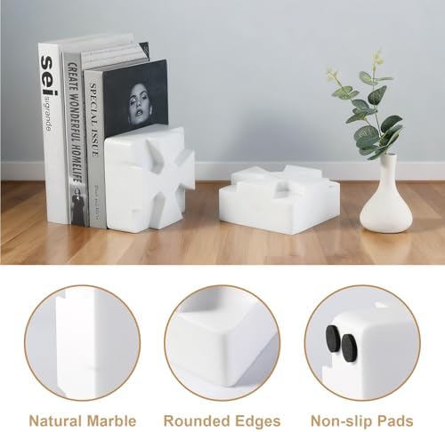 Decorative Square Marble Bookends for Heavy Books – Unique Book Ends for Shelves – Modern Aesthetic Book Holder/Stopper with Non-Slip Pads for Chic Home, Office, or Library Decor, White - Image 3