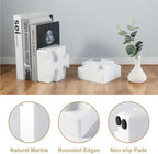 Decorative Square Marble Bookends for Heavy Books – Unique Book Ends for Shelves – Modern Aesthetic Book Holder/Stopper with Non-Slip Pads for Chic Home, Office, or Library Decor, White - Image 3