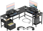 Furologee 66 Inch L Shaped Desk with 2 Drawers and Power Outlet, Black by Furologee