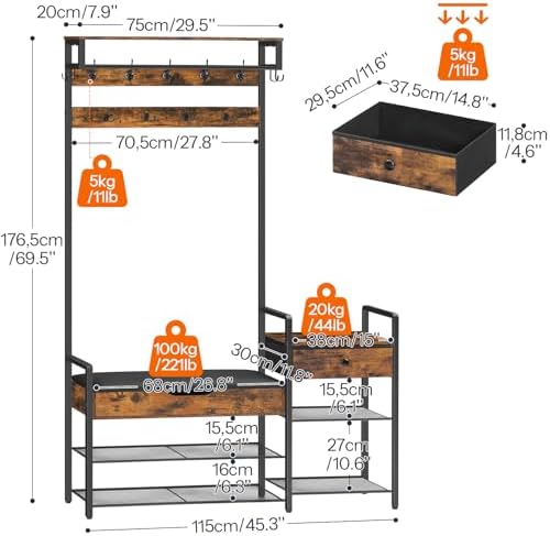 HOOBRO Hall Tree with Bench, Shoe and Coat Rack for Entryway, Coat Rack with Bench, Flip Top Storage Box, PU Cushioned Seat, Non-Woven Fabric Drawer, for Entrance, Rustic Brown and Black BF110MT01 - Image 3