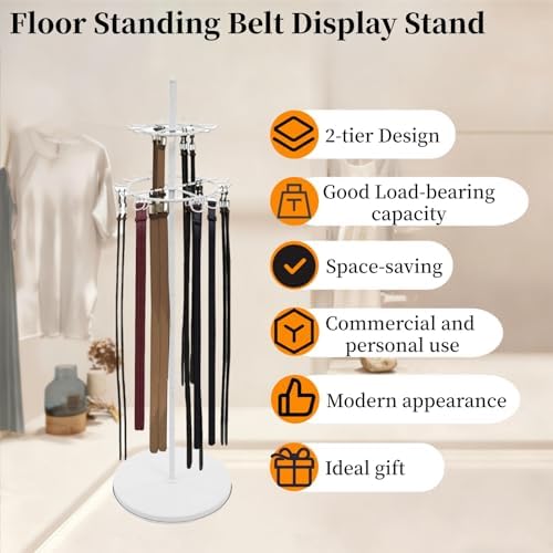 66In Floor Standing Belt Display Stand, Double-Layered Design Belt Hanger with 31 Hooks, Tie Scarf Belt Rack with Adjustable Feet for Home, Boutiques, Clothing Stores, Retail Stores (White) - Image 5