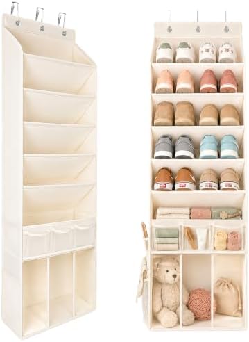 3in1 Over The Door Shoe Organizer with 5 Slanted Compartments,Removable Storage Bin & Transparent Pockets,Thickened Waterproof Oxford Fabric Shoes Rack for Shoes,Boots,Toys,Daily Essentials. (Beige) by EZVERY