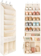 3in1 Over The Door Shoe Organizer with 5 Slanted Compartments,Removable Storage Bin & Transparent Pockets,Thickened Waterproof Oxford Fabric Shoes Rack for Shoes,Boots,Toys,Daily Essentials. (Beige) by EZVERY