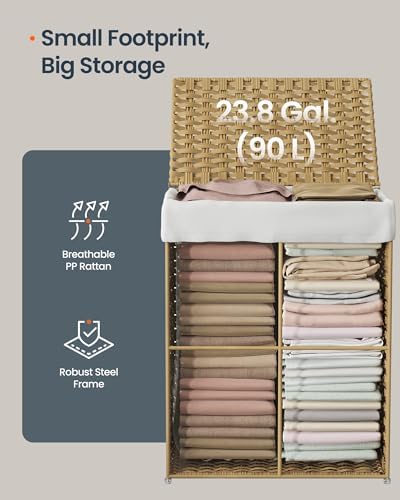 SONGMICS HOME Laundry Hamper with Lid, Clothes Basket with Removable Liner and Handles, 23.8 Gallon, Foldable Narrow Laundry Organizer for Bathroom, Bedroom, Light Brown - Image 3