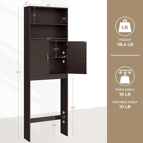 Yaheetech 77in Over the Toilet Storage Cabinet, Espresso Bathroom Organizer - Image 4