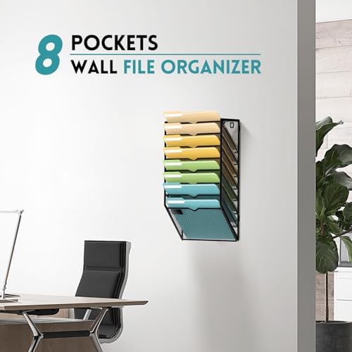 SUPEASY 8 Tier Wall File Organizer, Hanging Wall Mounted Mail Organizer with Label Slots, Metal Mesh File Holder Magazine Rack for Office, Home, School or Classroom, Black - Image 7