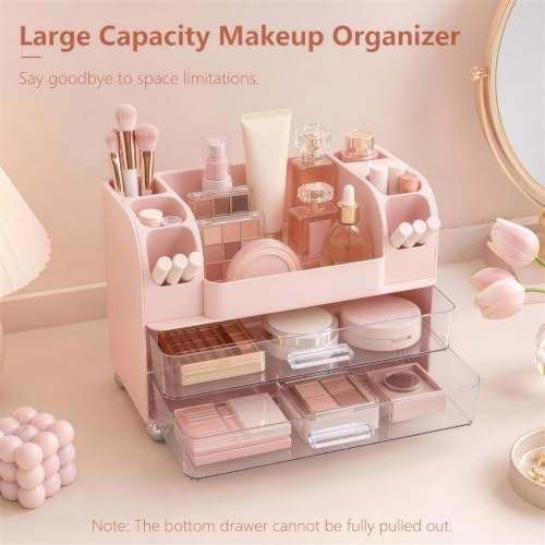Makeup Organizer for Vanity with Brush Holder, Countertop Bathroom Cosmetic Organizer Skin Care Storage, Large Easy to Store Lipsticks, Nail Polishes, Perfumes, Eyeshadow Palettes (Pink) - Image 4