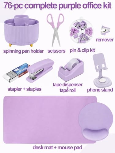 76Pcs Purple Desk Accessories Set, Office School Supplies for Women Girls - Image 7