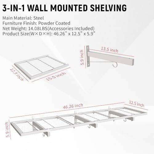 2 Pack Garage Wall Shelving, 46" x 12.5" Heavy Duty Storage Racks, Garage Shelves Wall Mounted with 8 Hooks, 320 LBS Capacity Floating Metal Shelf Organizer for Laundry Room, Basement, Workshop - Image 2