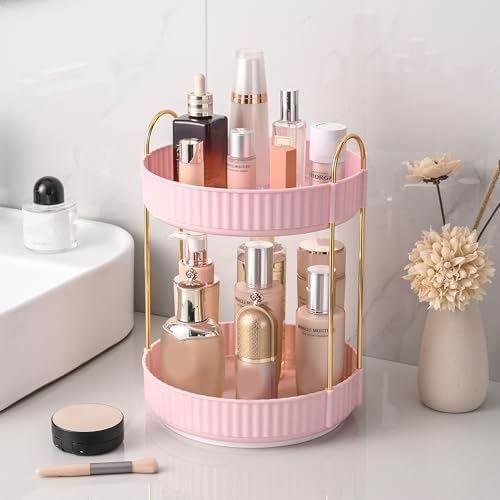 Aveniee 360 Rotating Makeup Organizer for Vanity, Skincare Perfume Organizers, Bathroom Countertop Organizer and Storage, Clear Cosmetics Lipstick Holder for Dresser,2 Tiers, Pink by Aveniee